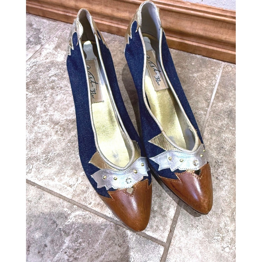 Y2K West 31 Denim Western Heels Cowgirl 2000s McBling Size 8N
